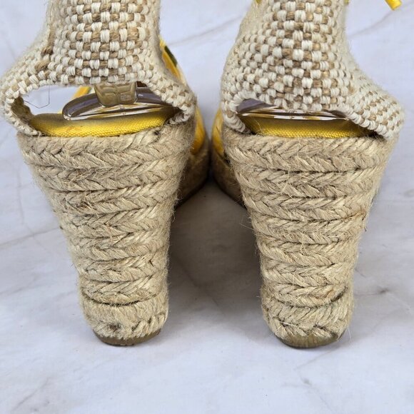 L. K. Bennett Size 40 (US 8.5) Yellow Lace Up Wedge Heels Floral Print Textile - Picture 6 of 16